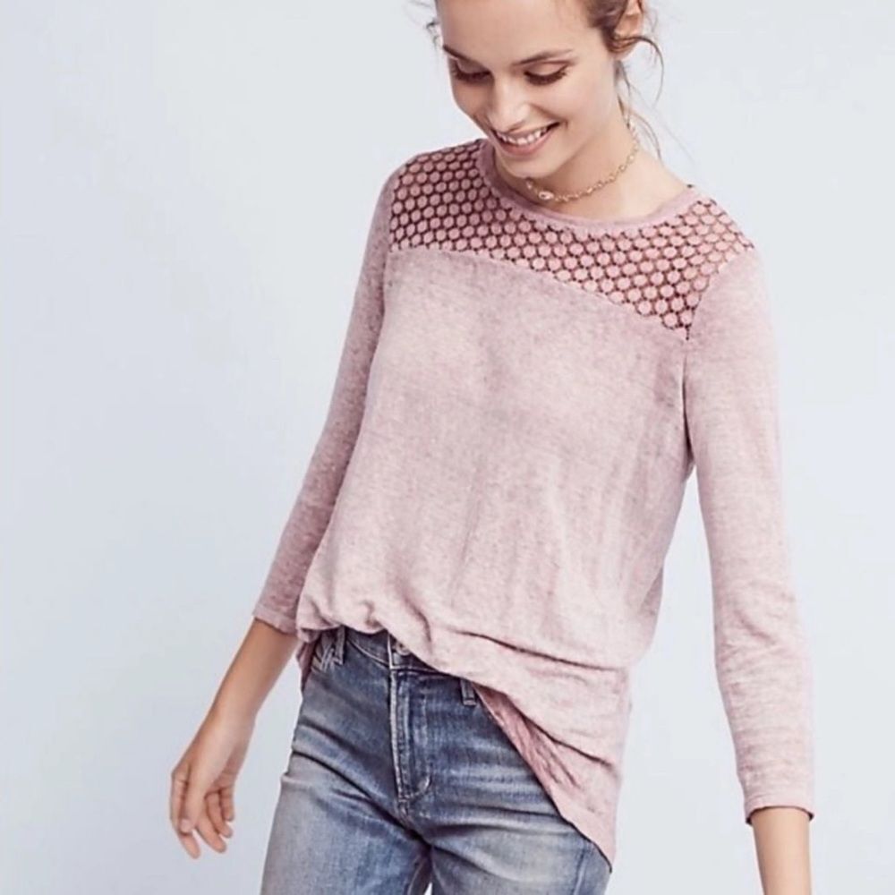 Light Pink Lace-Yoke Long Sleeve Women's Top